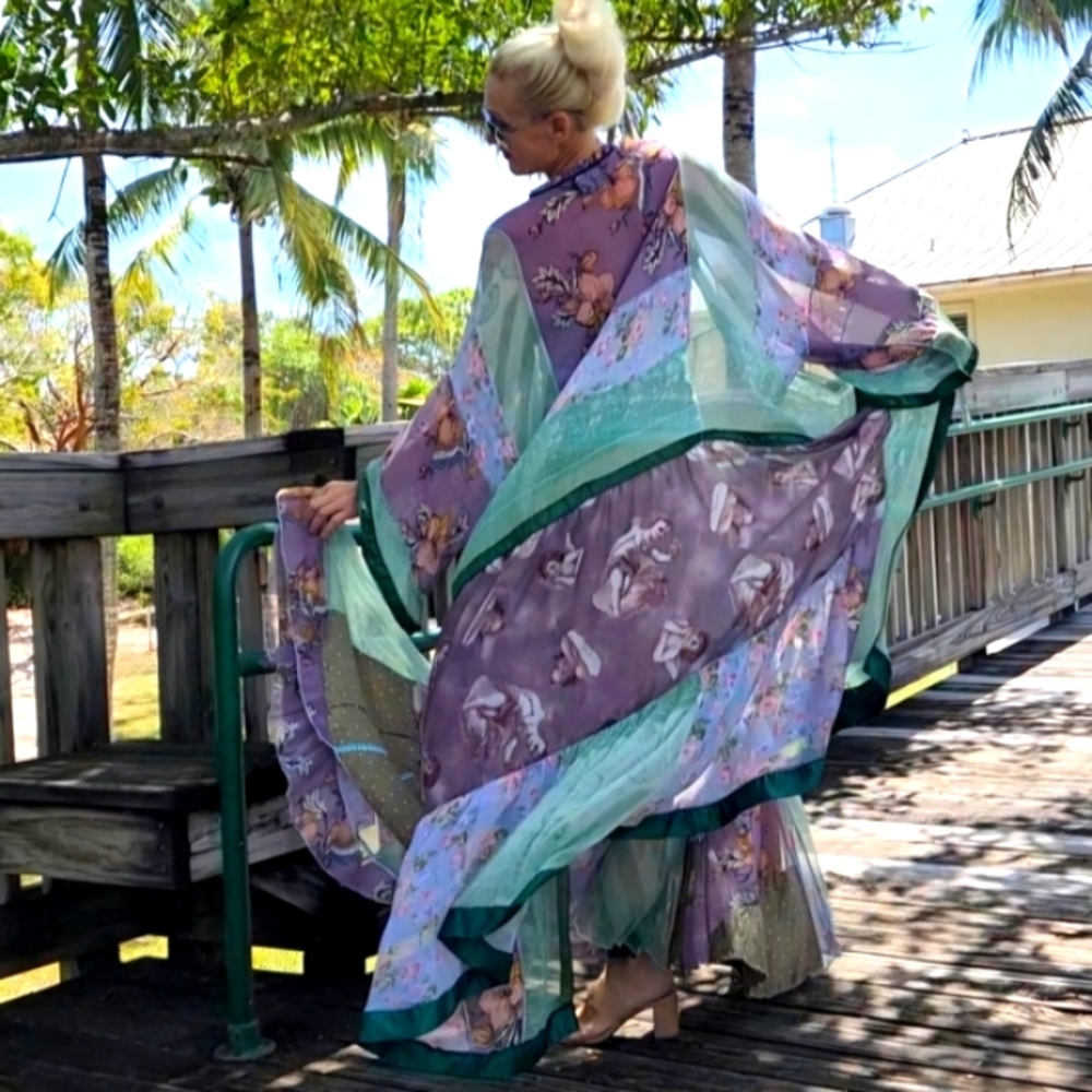 Designer 100% Silk Kimono Boho Maxi Dress Set Floral Angel Petchwork